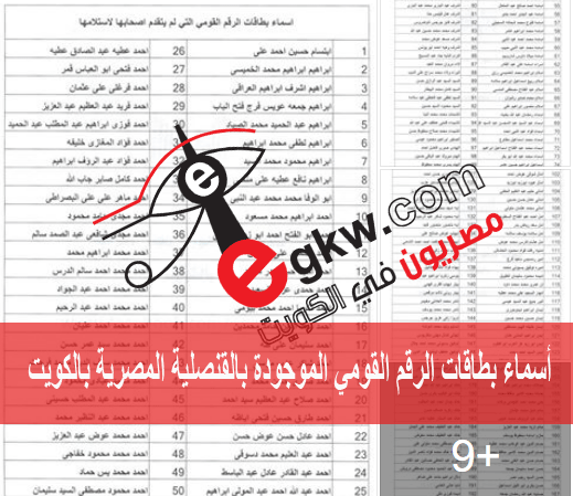 بيان بأسماء بطاقات الرقم القومي الموجودة بالقنصلية المصرية بالكويت 