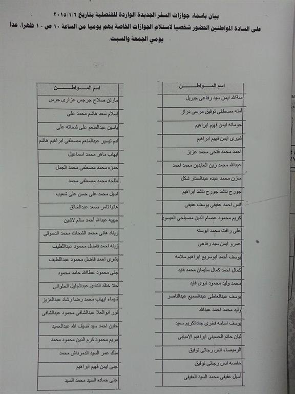 بيان بأسماء جوازات السفر الجديدة الواردة للقنصلية المصرية في الكويت بتاريخ 6 يناير 2015